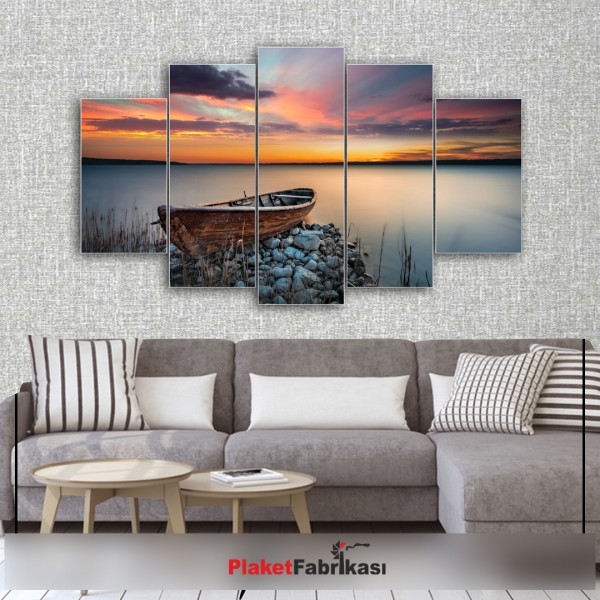 Günbatımı Göl Manzaralı 5 Parça Kanvas Tablo